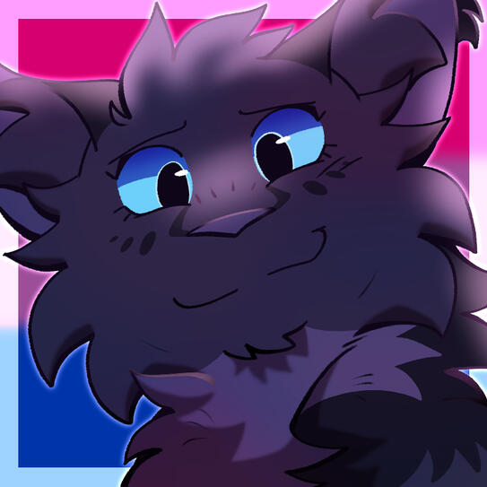 headshot drawing of a silver grey cat with dark grey ears and saddle markings, and a light grey chest and belly. She has sky blue eyes and is smiling, amused. The bisexual flag is behind her, with a white rim around the edges.